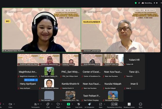 webinar nasional bertema “Teaching Factory Governance: Best Practices for Vocational Success” yang diselenggarakan oleh CoE Cocoa FRC UGM pada 16 Mei 2025.