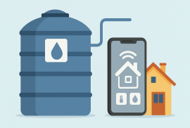 Ilustrasi produk menampilkan tangki air pintar (Smart Water Tank) yang terintegrasi dengan sistem smart home.