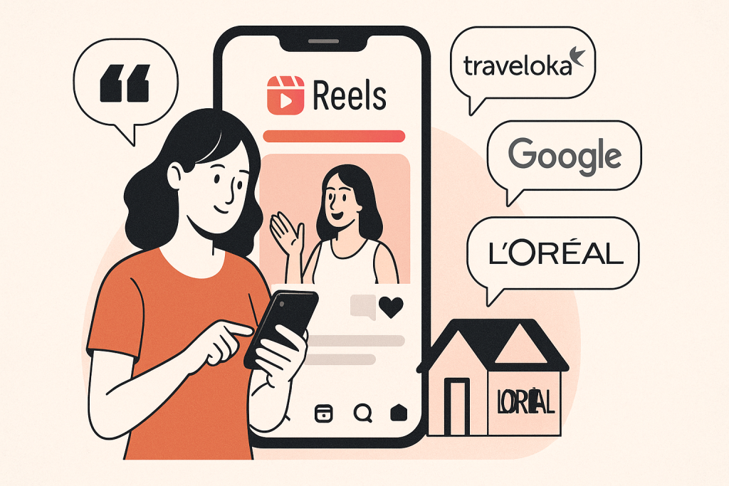 Ilustrasi analisis konten Instagram Reels dari merek-merek ternama seperti Traveloka, Google, dan L'Oréal.
