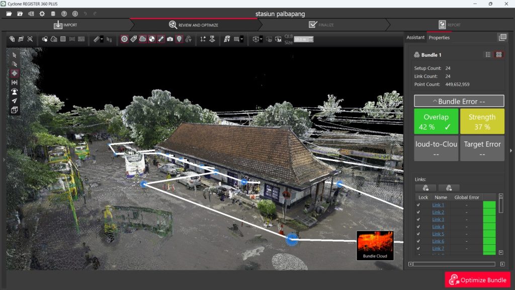 Point cloud Stasiun Palbapang, Bantul, hasil pemindaian menggunakan TLS Leica RTC360